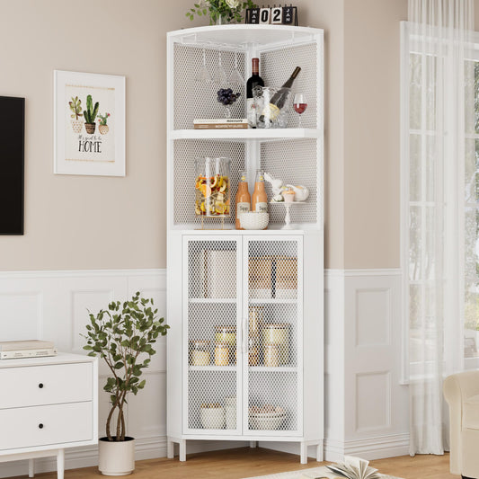 HITHOS Tall Corner Shelf with Doors, White Corner Cabinet, Modern Display Shelves Free Standing Storage Rack for Living Room, Dining Room