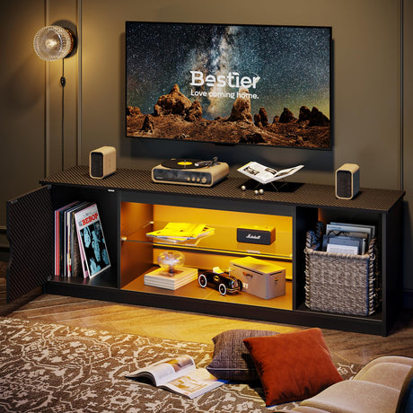 Bestier LED TV Stand for 55/60/65 Inch TV, Gaming Entertainment Center with Cabinet for PS5, Xbox,Modern TV Cabinet with Adjustable Glass Shelves for Living Room, Bedroom 58 Inch,Black Bestier