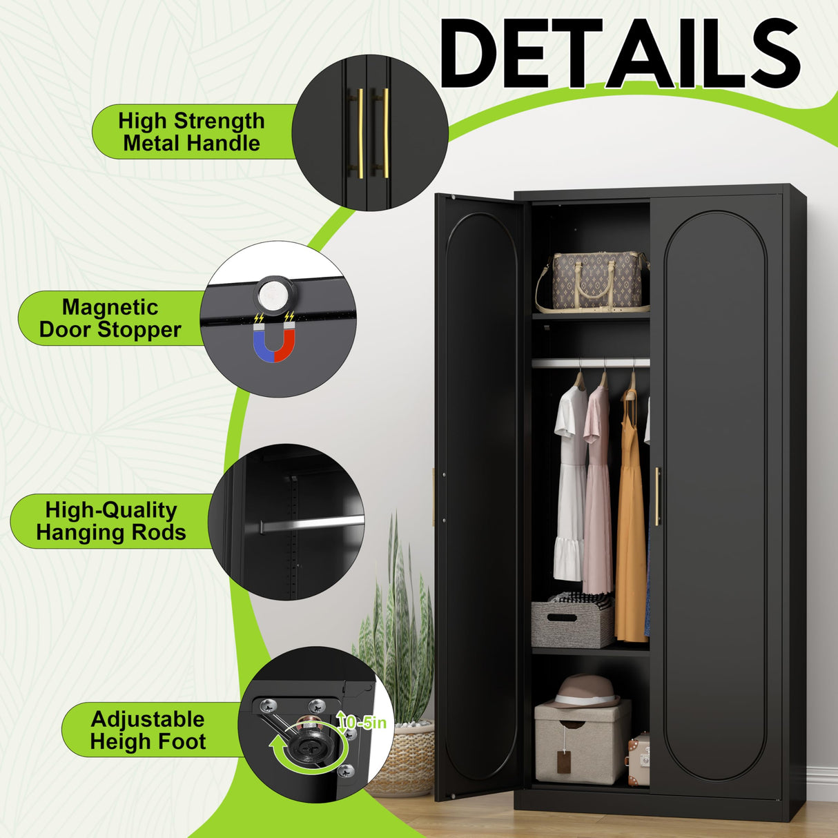 UNICOLY Armoire Wardrobe Closet with Doors, 71'' Wardrobe Cabinet with Hanging Rod, Metal Closet with 2 Adjustable Shelves for Bedroom School, Employee, Gym, Armarios De Ropa para Dormitorio, Black UNICOLY