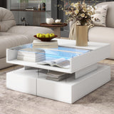 Modern Lift Top Coffee Table with with Storage Drawers, Square Center Table with Glass Tabletop & LED Lights for Living Room, White SOFTSEA
