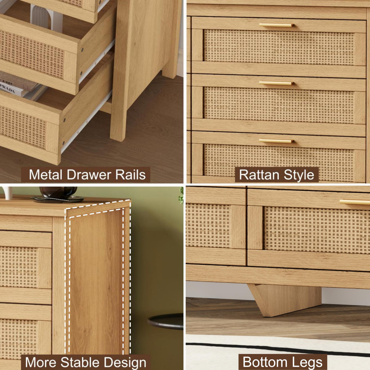 Keehusux Rattan 6 Drawer Dresser for Bedroom, Wooden Storage Chest of Drawers with Metal Handles, Double Dresser Chest for Living Room, Entryway, Natural KES002MDG Keehusux