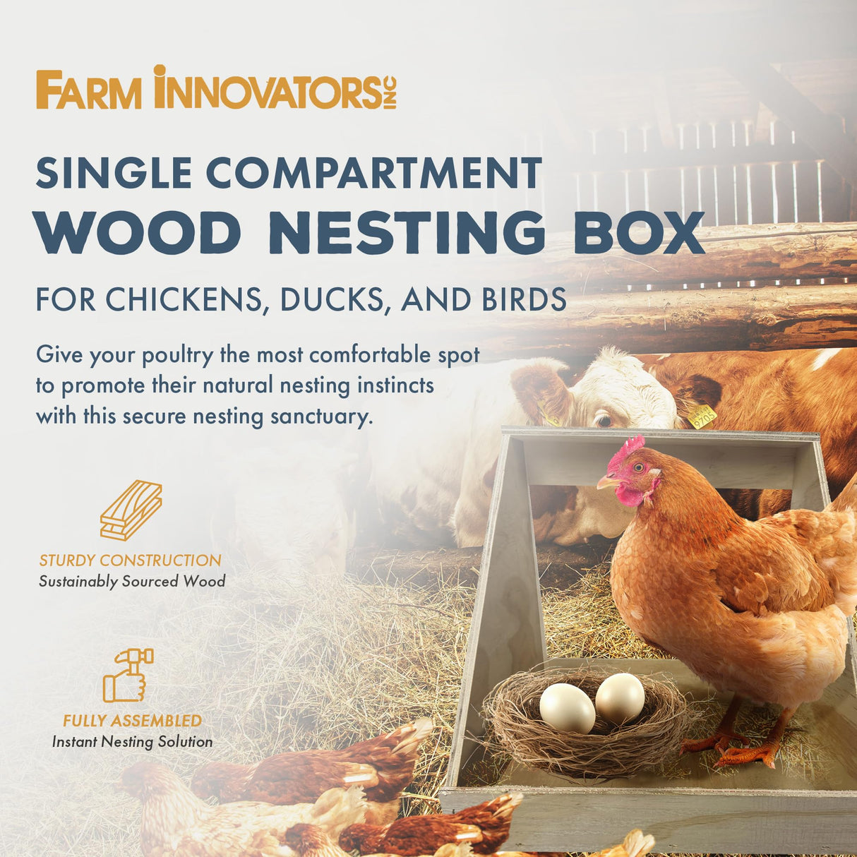 Farm Innovators Single Compartment Versatile Hand Crafted Fully Assembled Wood Nesting Box Coop Ideal for Chicken, Ducks, and Birds Farm Innovators