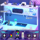 Homieasy Small Gaming Desk with Power Outlets Pegboard LED Light, 43 Inch L Shaped Computer Desk with Monitor Stand Storage Shelves, Reversible Corner Desk with Headset Hooks, White Homieasy