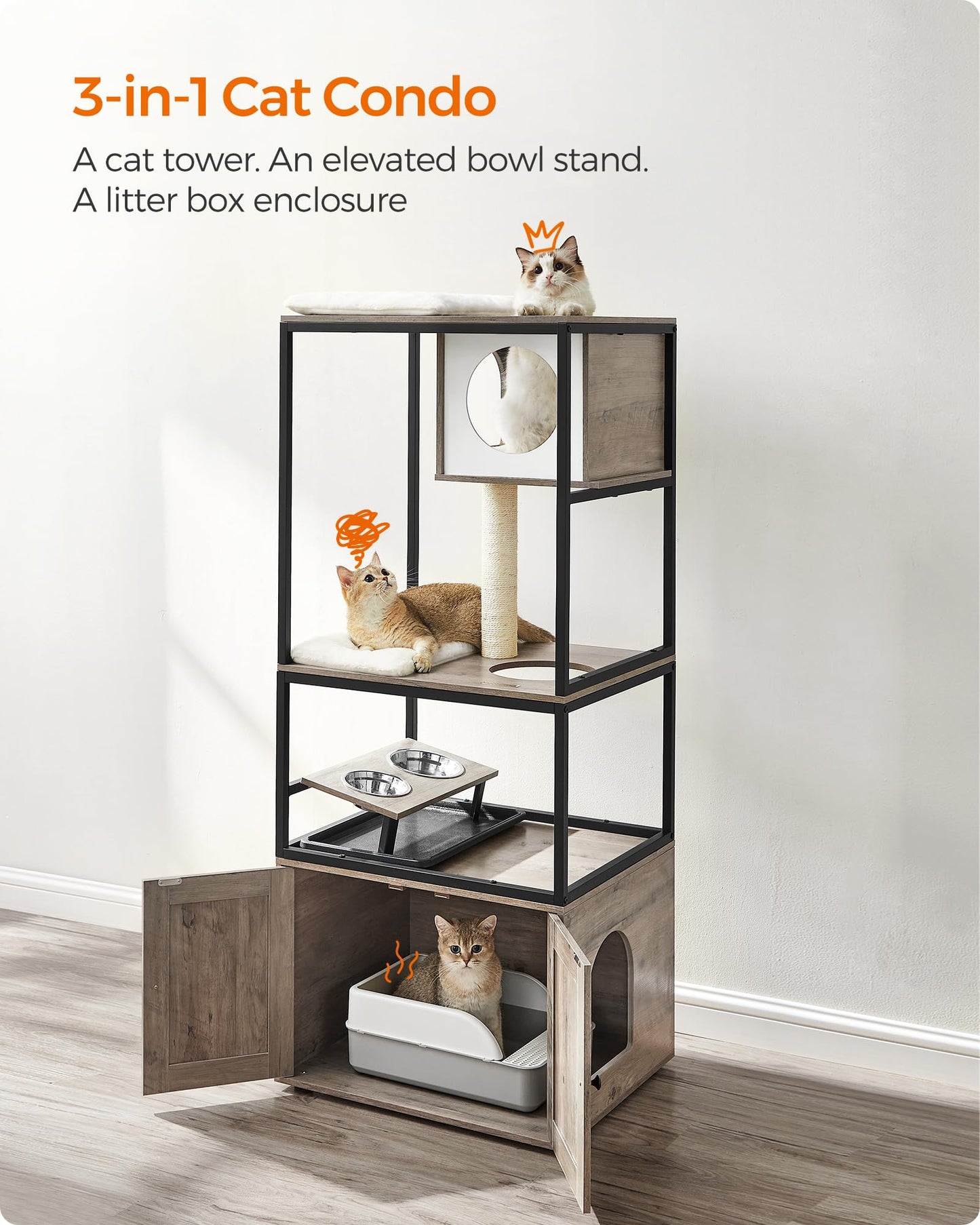 Feandrea Cat Tree, Modern Cat Tower, 57.5 Inches Tall Cat Condo with Litter Box Enclosure, Elevated Bowl Stand, Scratching Post, Washable Cushions, Greige UPCT312G01V1