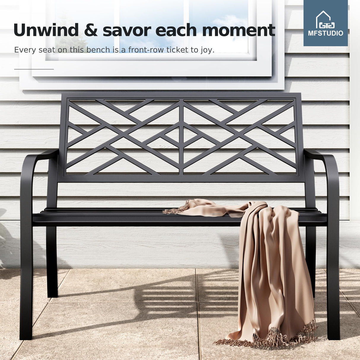 MFSTUDIO 43.7 Inches Outdoor Garden Bench, Cast Iron Metal Frame Patio Park Outside Benches with Geometric Pattern Backrest for Front Porch, Black MFSTUDIO