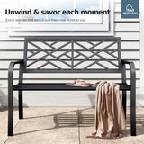 MFSTUDIO 43.7 Inches Outdoor Garden Bench, Cast Iron Metal Frame Patio Park Outside Benches with Geometric Pattern Backrest for Front Porch, Black MFSTUDIO