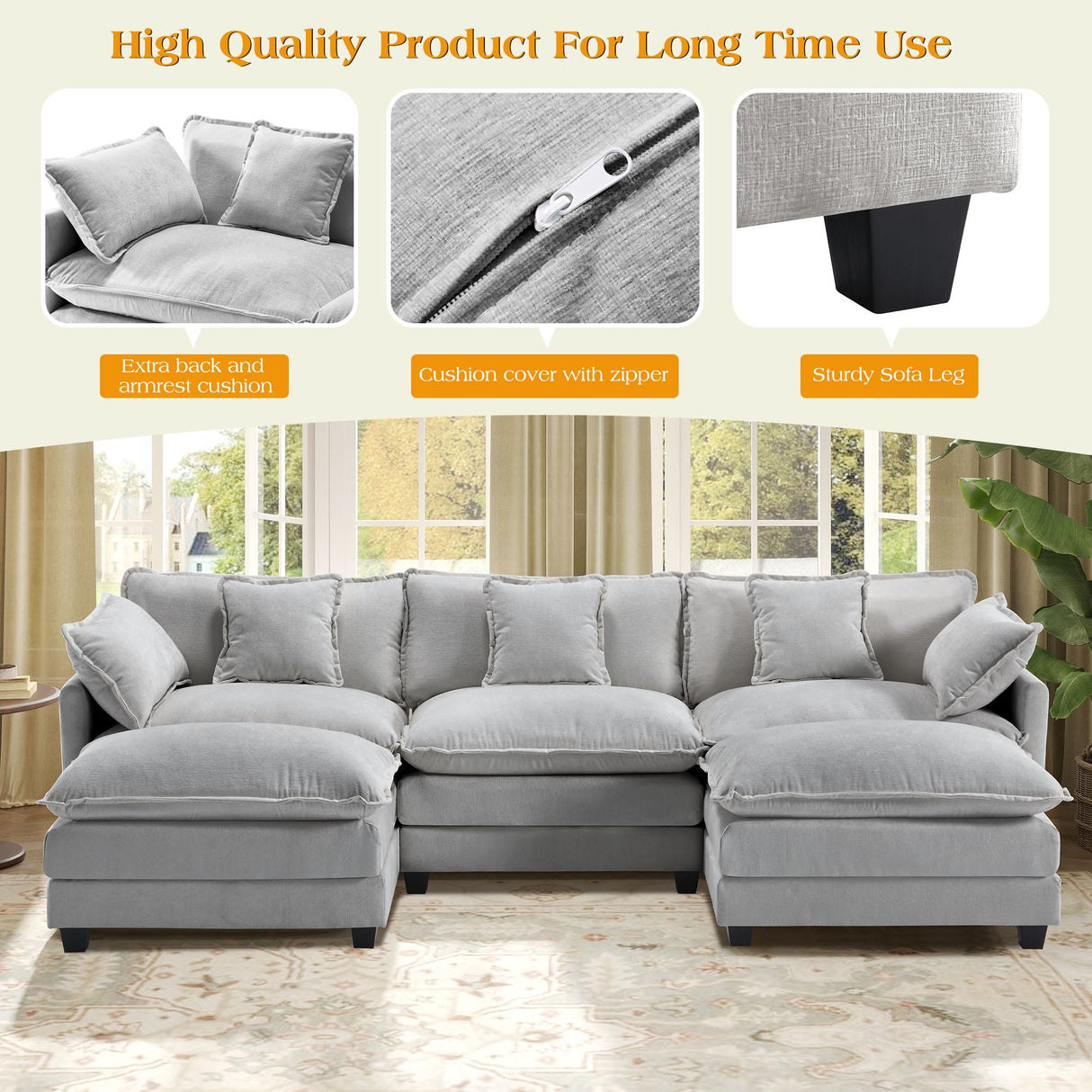 113.4" Modular Sectional Sofa,U Shaped Couch for Living Room,Modern Deep Seat Sofa 3 Seater Chenille Fabric Comfy Cloud Couches with Throw Pillows & Movable Ottoman Hanherry