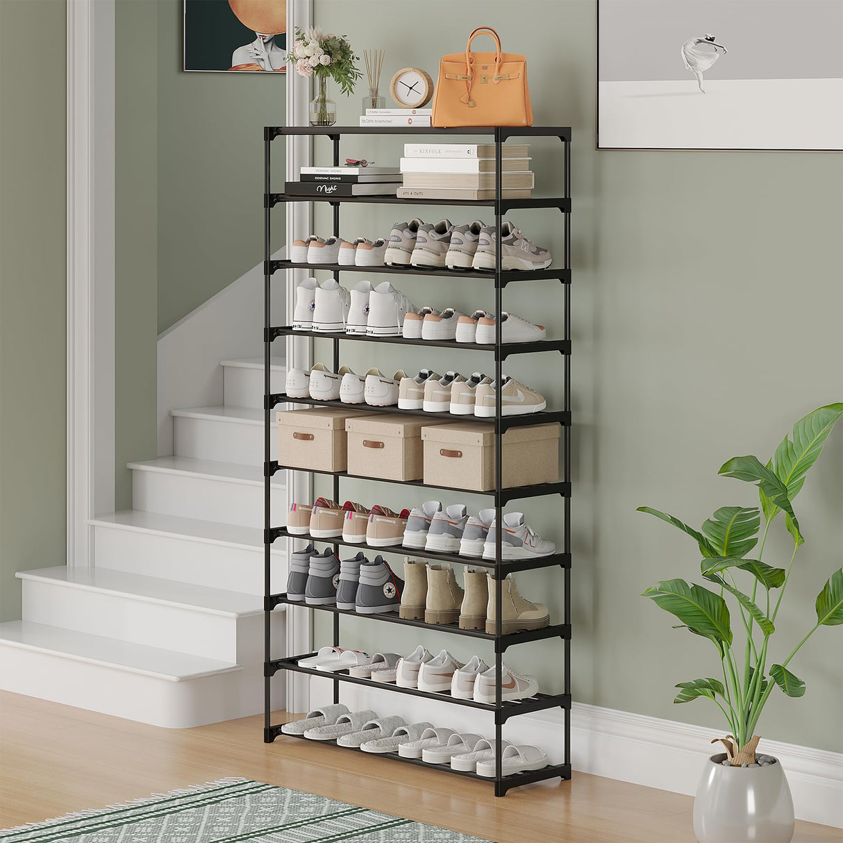 Calmootey 10-Tier Shoe Rack, Tall Large Capacity 50 Pairs Shoes Storage Organizer, Stackable Wide Shoe Shelf for Entryway, Hallway, Black Calmootey