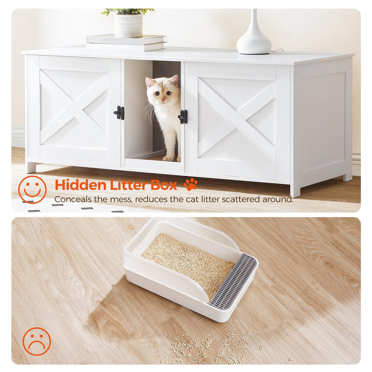 MAHANCRIS Cat Litter Box Enclosure for 2 Cats, 47.2" Hidden Cat Litter Box Furniture with Double Room, Wooden Cat Washroom with Scratching Board, Indoor Cat House End Table, White CWWT1201 MAHANCRIS