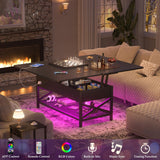 Aheaplus Coffee Table Lift Top Multi-Function Coffee Table Converts to Dining Table, with LED Light and Power Outlet, Center Table with Shelves for Living Room Reception Home Office, Black Aheaplus