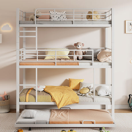 Metal Triple Bunk Bed Twin Over Twin Over Twin, Triple Bunk Bed with Trundle, 3-Tier Bunk Bed with 2 Ladders and Guardrails, Triple Bunk Beds for Kids(White Twin) Bellemave