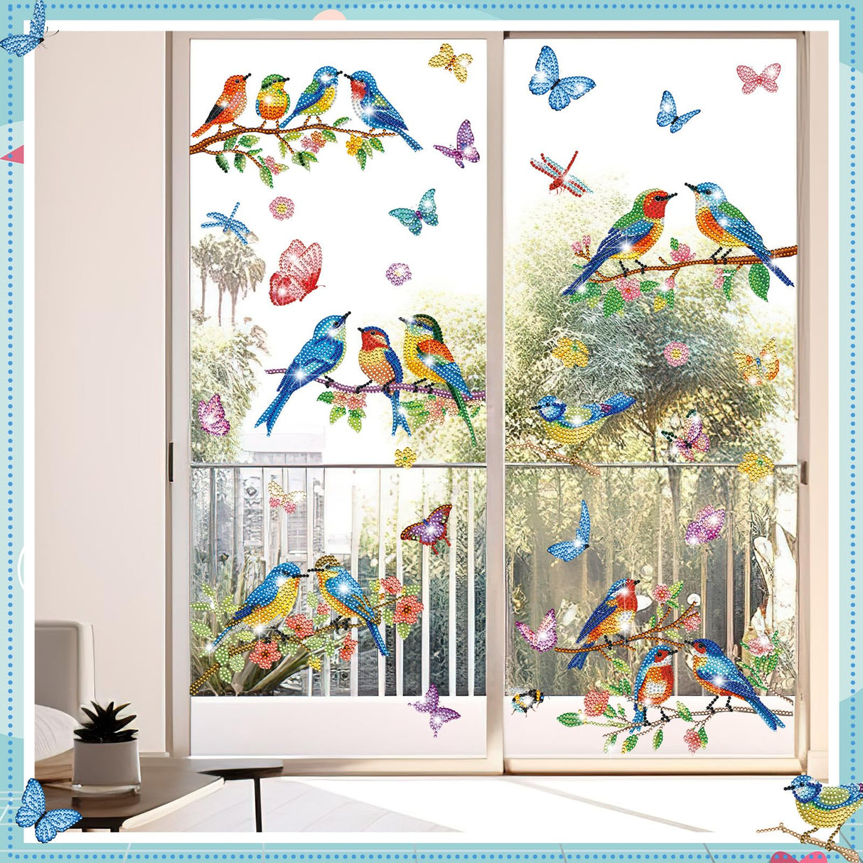 Saillong 32 Pcs Spring Diamond Painting Window Stickers Hummingbird Butterfly Flower Stained Glass Window Decals Spring Diamond Art Kits for Adults DIY Accessories Home Decor Saillong