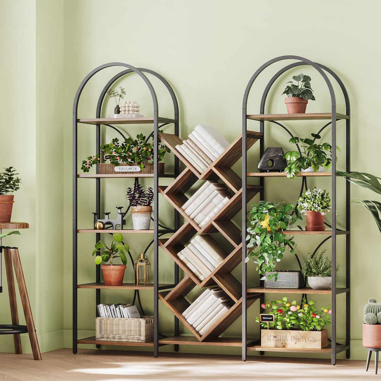 LIKEMET Triple 5 Tier Bookshelf, Bookcase with 18 Open Display Shelves, Wide Tree Bookshelf Metal Frame Tall Book Case for Living Room Home Office Rustic Brown LIKEMET