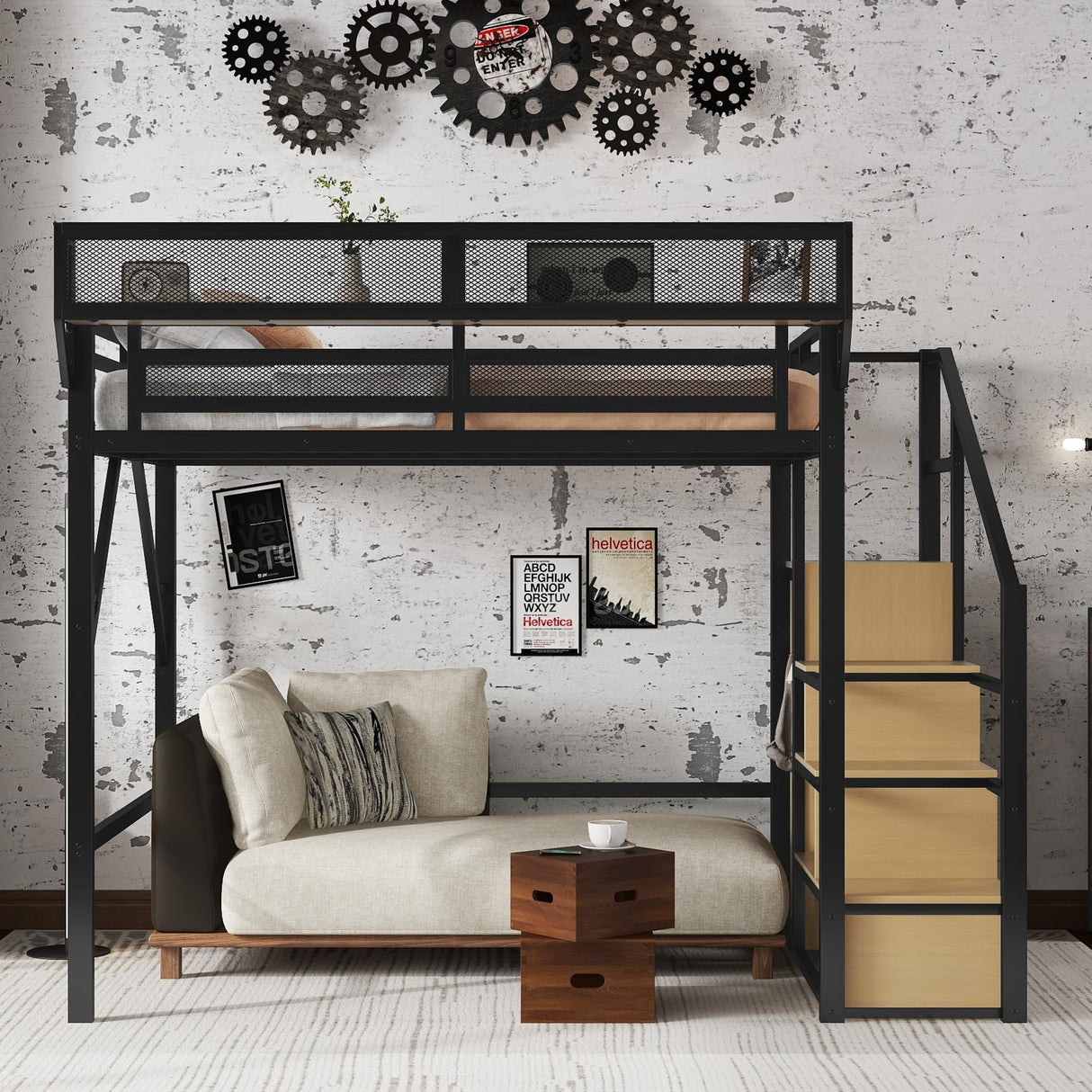Mirightone Full Size Loft Bed with Stairs, Metal Loft Beds, High Loft Bed Frame with Storage Shelves, Lofted Full Bed with Wardrobe for Kids and Teens, No Box Spring Needed (Black+Natural) Mirightone