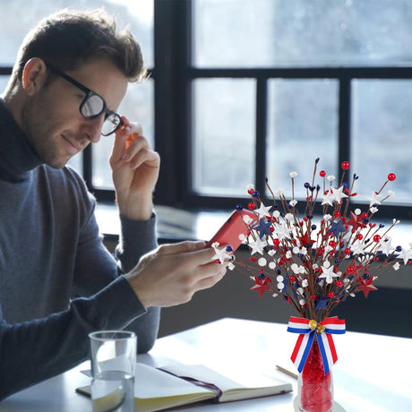 Shitailu 4 Pack Patriotic Artificial Berry Stem Picks White Blue Red Stars for 4th of July Independence Day, Pentagram Faux Berry Branches Decoration for Home Office Restaurant Vase Décor Shitailu