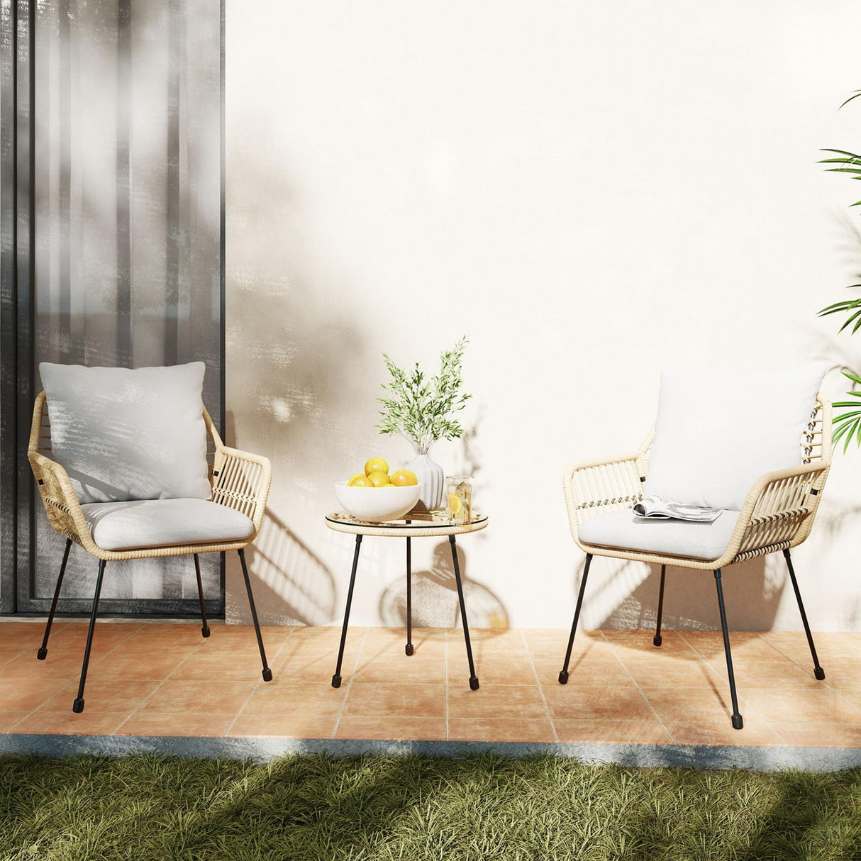 DAYAOUTDOOR 3 Pieces Outdoor Bistro Set, Bistro Set Outdoor with Glass Top Table, Patio Wicker Furniture Set 3 Piece, Rattan Conversation Set for Balcony, Lawn, Garden, Backyard, Poolside, Beige DAYAOUTDOOR