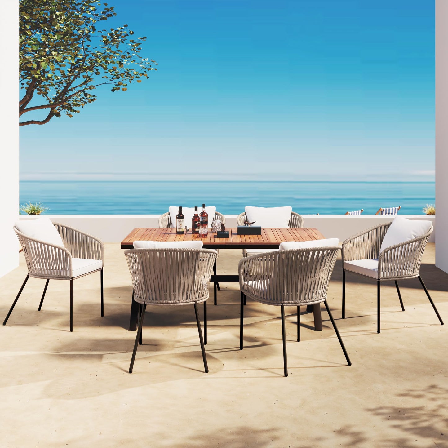 Modern 7 Pieces Patio Dining Set,Dining Table and Chairs, Acacia Wood Tabletop, Metal Frame,Outdoor Furniture Set for Garden, Backyard, Balcony (Beige/Rope1)