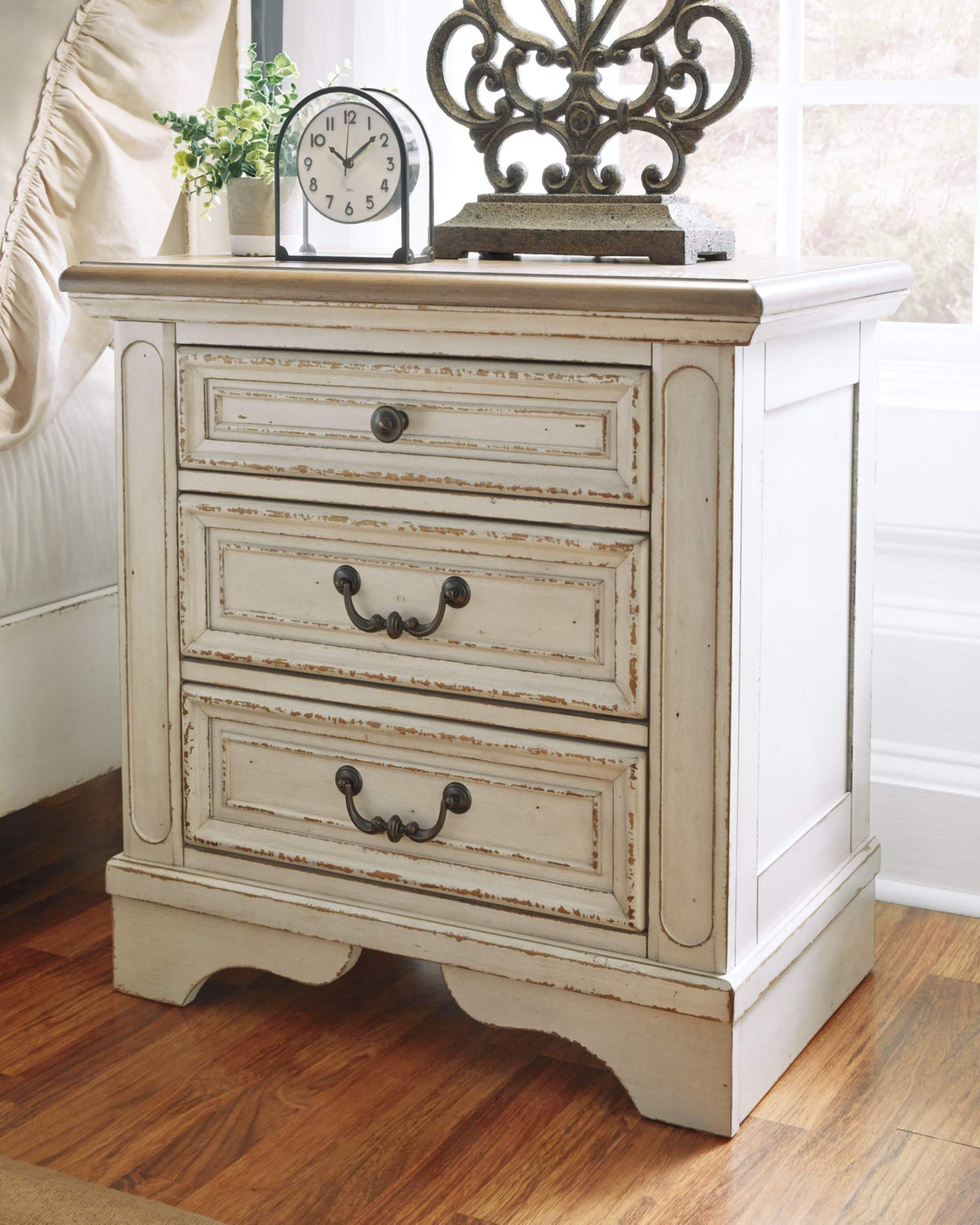 Signature Design by Ashley Realyn French Country 3 Drawer Nightstand with Electrical Outlets & USB Ports, Chipped White Signature Design by Ashley