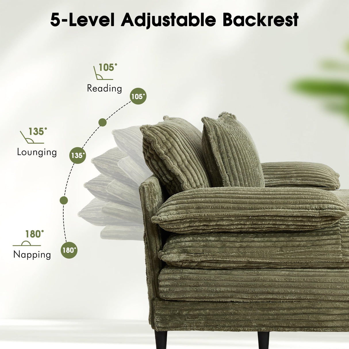 WESTSETLUX 55" W Oversized Chaise Lounge Sofa Couch with 5-Position Adjustable Backrest, Corduroy Sleeper Chair Sofa Bed, Reading Chair ‌with Deep Seat, Cloud Couches for Living Room, Bedroom, Green WESTSETLUX