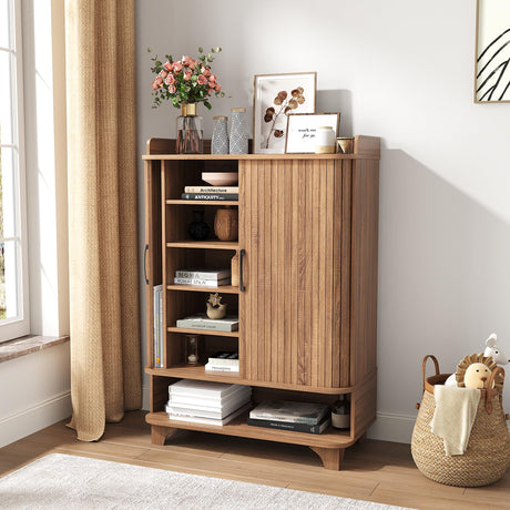 Maupvit 6-Tier Shoe Cabinet with Fluted Sliding Tambour Doors, Entryway Shoe Storage Cabinet with Led Light & Open Storage, 4 Adjustable Shelf, Shoes Rack Organizer for Entryway, Hallway, Living Room Maupvit