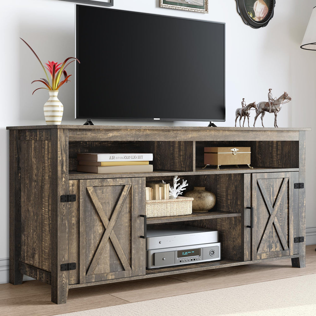 DWVO TV Stands for Living Room, Farmhouse Entertainment Center for 65 Inch TV, Rustic TV Console with Storage and Barn Door, Console Table Media Television Stands, 59 Inches, Light Rustic Oak DWVO