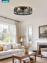 LEDIARY 20" Caged Ceiling Fan With Light, APP&Remote Control, Small Flush Mount Farmhouse Fan Lights, Low Profile Rustic Bladeless Ceiling Fan Fixtures For Bedroom, Kitchen-Black Gold Color LEDIARY