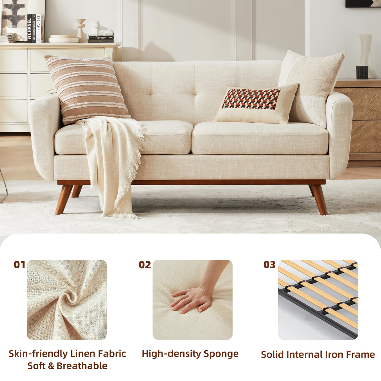Kingfun 65.2" W Loveseat Sofa, Mid Century Modern Decor Love Seat Couches for Living Room, Button Tufted Upholstered Furniture, Solid & Easy to Install Small Couch for Bedroom Office Apartment, Beige Kingfun