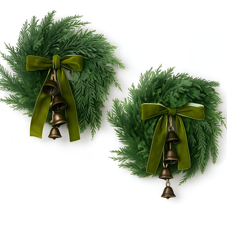 Chuangdi 2 Pcs Christmas Norfolk Wreath with Cypress Cow Bells and Velvet Ribbon Bow 11.8" Faux Pine Greenery Winter Wreath Rustic Swag for Xmas Home Table Wall Window Porch Door Indoor Outdoor Decor Chuangdi