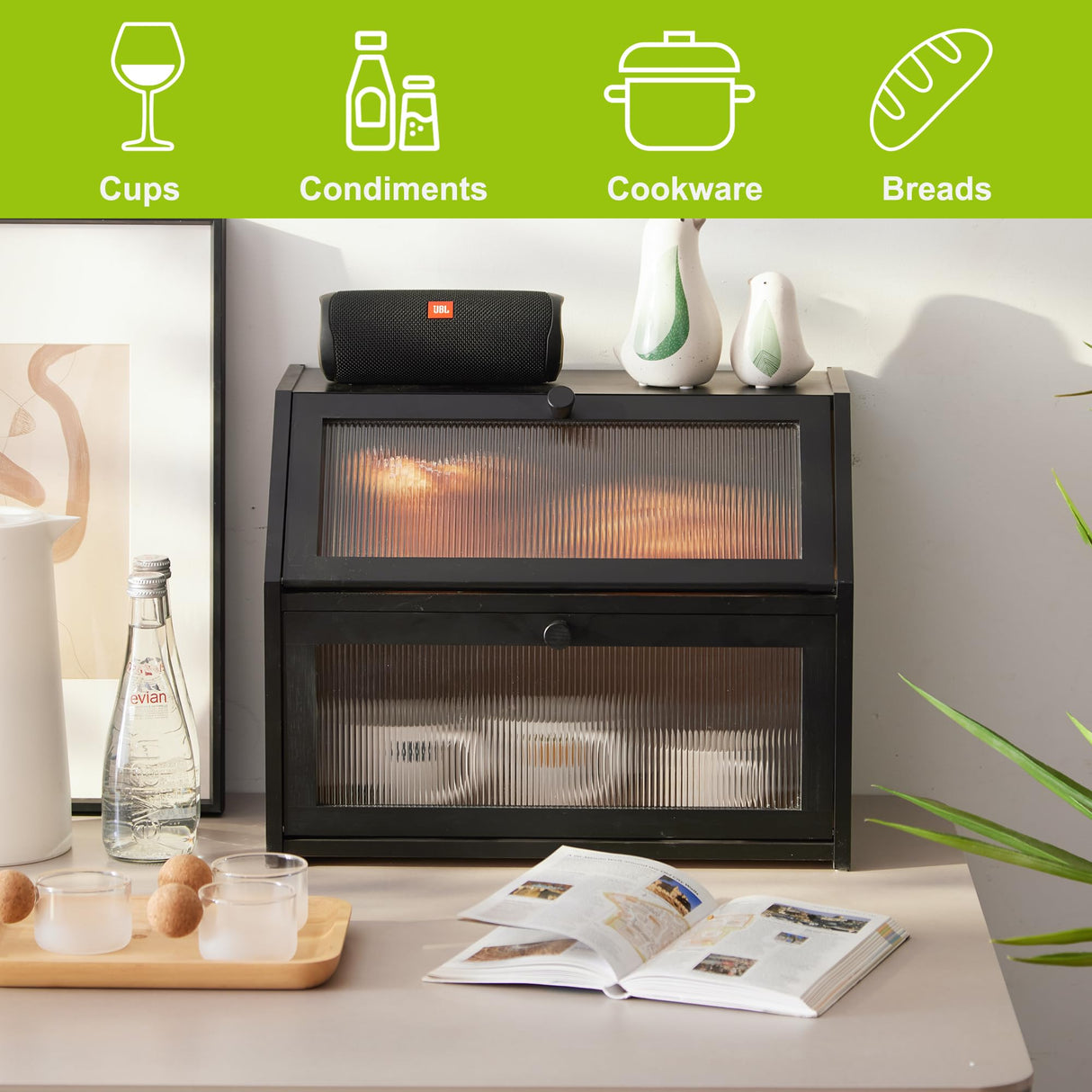 BMOSU Large Bread Box for Kitchen Countertop,Double Layer Bread Box for Kitchen Counter,Bamboo Wood Bread box Capacity Bin Kitchen Storage(Black) BMOSU