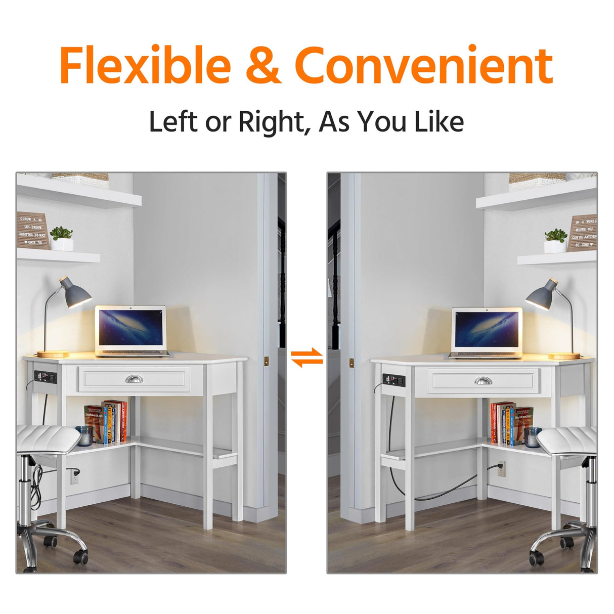 Yaheetech L Shaped Corner Computer Desk with Power Outlets, Reversible Triangle Workstation with USB Ports and Hook for Small Space, Modern Home Office Desk Gaming Table with Drawer & Shelf, White Yaheetech