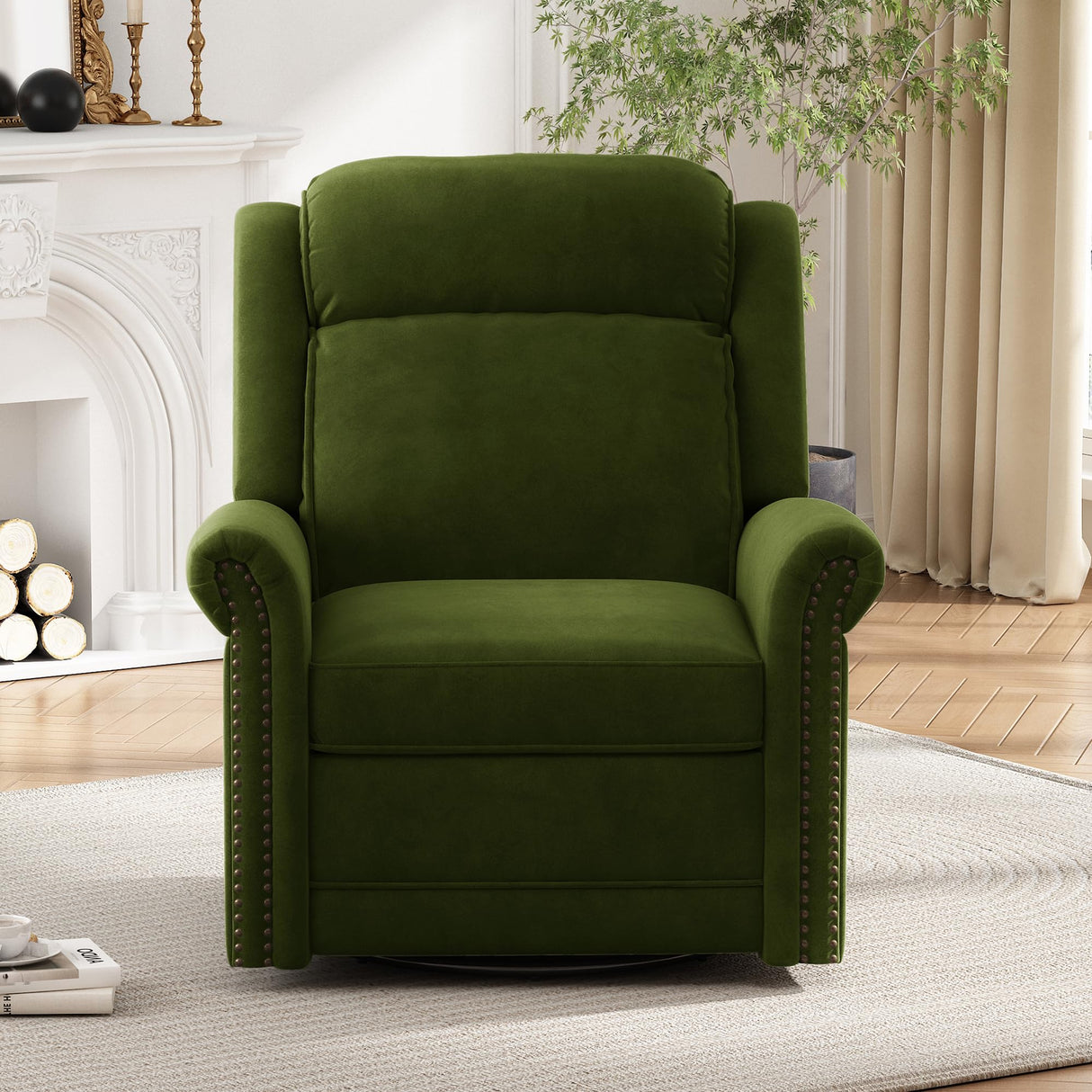 360° Swivel Recliner Chair with Adjustable Backrest, Manual Rocking Recliner Home Theater Manual Recliner Chair with Metal Base and Velvet Fabric for Living Room (Green, 2) JIVOIT