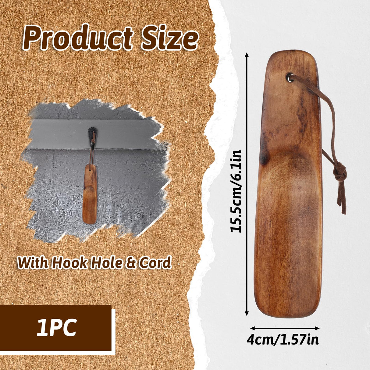 Piriuuo Wood Shoehorn, 6" Short Handle Shoe Horn with Leather Lanyard Non Slip Shoe Lifter Lazy Shoes Aid Tool Easy Wear Helper Shoehorns for Seniors Pregnancy Men Women Kids Piriuuo