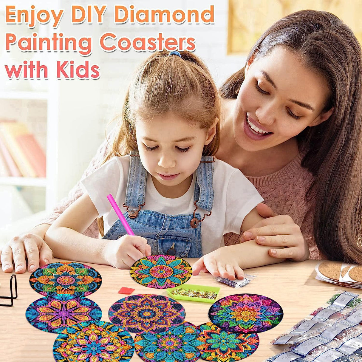 ijbnhd Mandala Diamond Art Coasters Kits for Adults, 8 Pieces Mandala Diamond Painting Coasters with Holder for Beginners 4X4inch (Cork Wooden Pad) ijbnhd