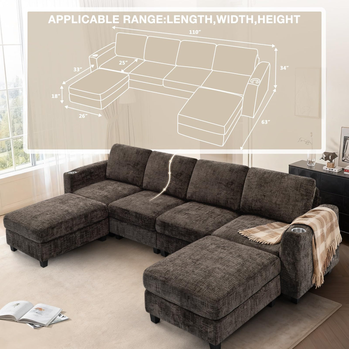Lesofair 110" Chenille Sectional Sofa with Movable Ottomans, Modular U-Shape Couch with Cup Holders, Convertible 4 Seater Sofa with Well-Filled Backrest Cushions for Living Room, House, Brown Lesofair