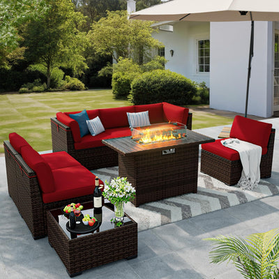 VONZOY 8 Pieces Outdoor Patio Furniture Set with 44" Fire Pit Table Rattan Sectional Conversation Sets w/Gas Fire Pit, Coffee Table, 2 Waterproof Covers, Wine red
