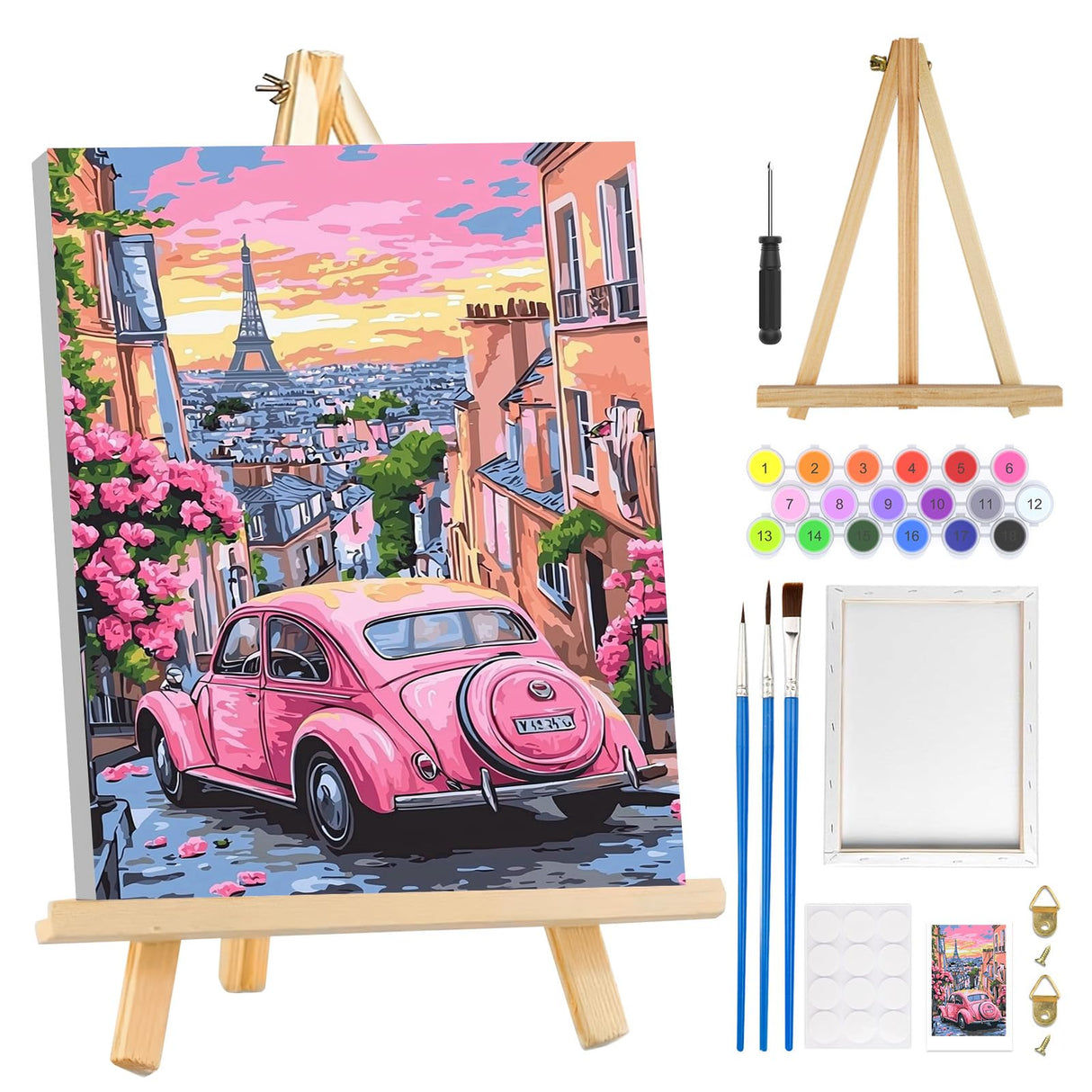 MOGTAA Pink Car Paint by Numbers Kit for Adults Beginners with Frame, Flowers Adult Paint by Number Kits on Canvas with Easel, Easy DIY Oil Painting Kits for Home Decor, 8x12in MOGTAA