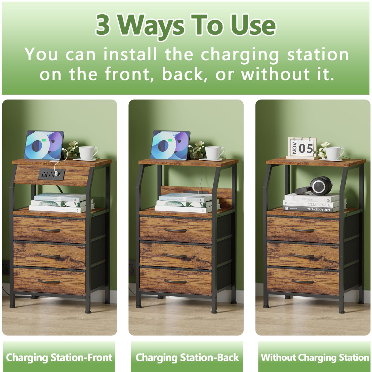 Furnulem Night Stand with Charging Station, USB Ports and Outlets, 28.3 Inch Tall Bedside Table with Wood Shelf, 3 Fabric Drawers Side Table for Bedroom, 3 Ways to Use, Rustic Brown Furnulem