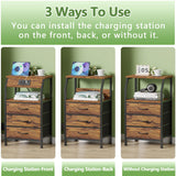 Furnulem Night Stand with Charging Station, USB Ports and Outlets, 28.3 Inch Tall Bedside Table with Wood Shelf, 3 Fabric Drawers Side Table for Bedroom, 3 Ways to Use, Rustic Brown Furnulem