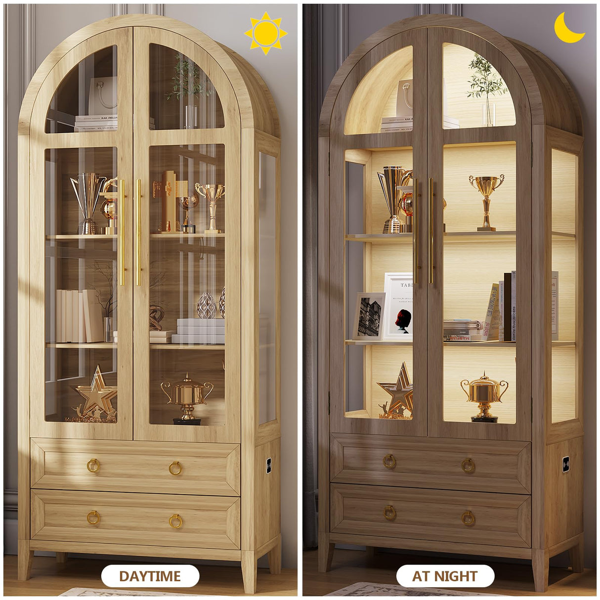 LVSOMT 71" Tall Arched Storage Cabinet with Glass Doors and Drawers, Curio Display Cabinet with Adjustable LED Light & Human Sensor, 4-Tier China Cabinet for Living Room(Wood) LVSOMT