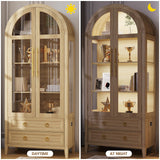 LVSOMT 71" Tall Arched Storage Cabinet with Glass Doors and Drawers, Curio Display Cabinet with Adjustable LED Light & Human Sensor, 4-Tier China Cabinet for Living Room(Wood) LVSOMT