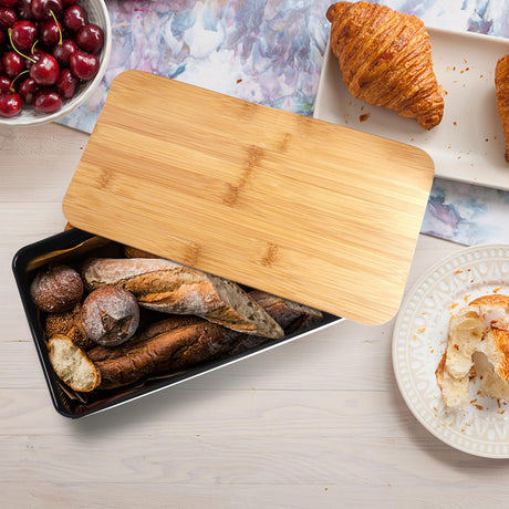 JIGUOOR Black Bread Box, Large Space Saving Vertical Metal Bread Box with Wooden Cutting Board Lid, Holds 2+ Loaves, Farmhouse Bread Bins for Kitchen Bread Storage,Kitchen Parts Box JIGUOOR