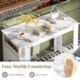 COSTWAY Bar Table, Modern Faux Marble Breakfast Table with 7 Hanging Hooks, Open Compartment, Storage Cabinet & Adjustable Shelf, Counter Height Dining Table for Kitchen, Dining Room, Living Room COSTWAY