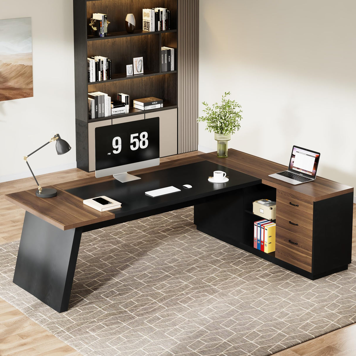 Tribesigns 78" L-Shaped Executive Office Desk, Large Modern Computer Desk with Drawers and Lateral File Cabinet, Business Furniture with Storage Shelves (Light Walnut + Black) Tribesigns
