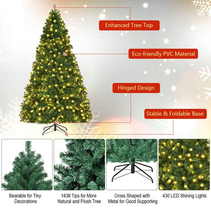 Goplus 8ft Pre-lit Artificial Christmas Tree, Hinged Premium Spruce Xmas Full Tree with 1438 PVC Tips, 430 LED Lights, Folding Metal Stand, for Home Office Party Decoration