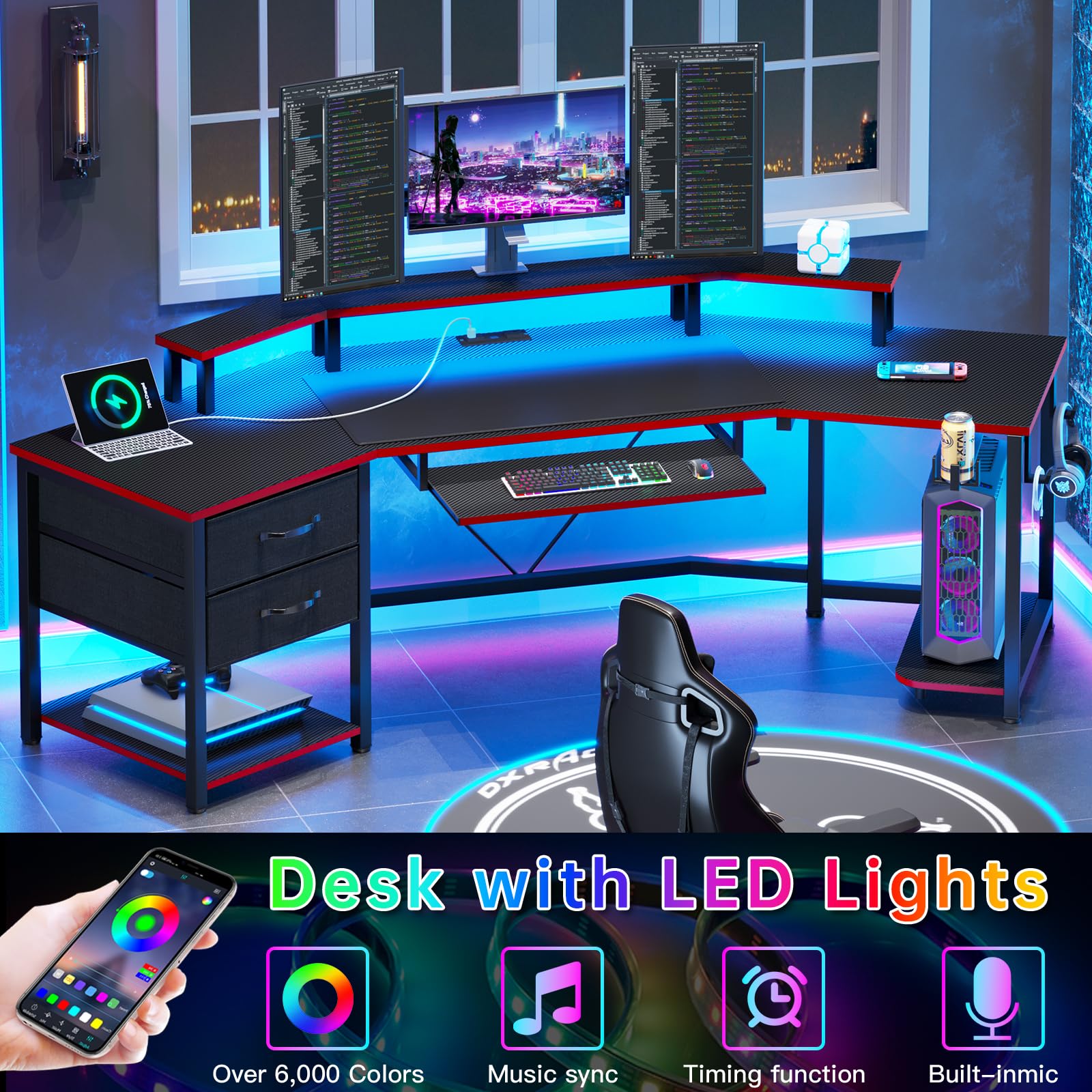 SEDETA 79" Gaming Desk, Computer Desk with 2 Fabric Drawers & LED Light, L Shaped Gaming Desk with Storage Shelf for Home Office, Carbon Fiber Black&Red - WoodArtSupply