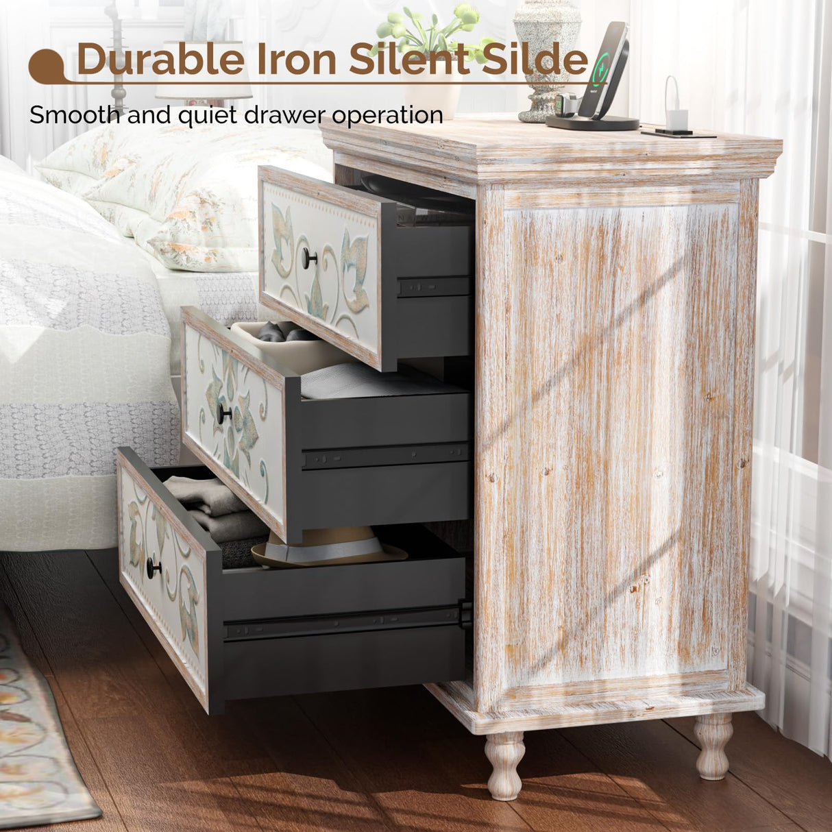 VINGLI Washed White Dresser with Charging Station, 3 Drawer Dresser Boho Wood Chest of Drawers, Wooden Dressers with Drawers and Solid Wood Legs VINGLI
