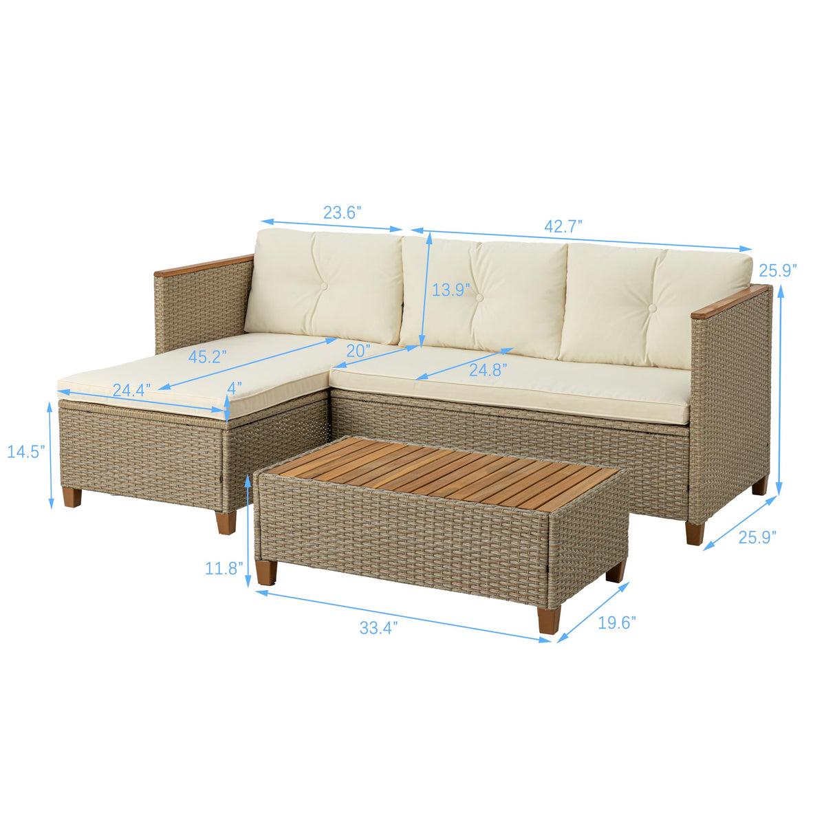 WiberWi Patio Furniture Set 3 Piece Outdoor Sectional Sofa Couch All Weather Rattan Wicker Conversation Set with Acacia Wood Coffee Table for Backyard Porch Garden Balcony, Waterproof, Beige WiberWi