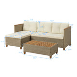 WiberWi Patio Furniture Set 3 Piece Outdoor Sectional Sofa Couch All Weather Rattan Wicker Conversation Set with Acacia Wood Coffee Table for Backyard Porch Garden Balcony, Waterproof, Beige WiberWi