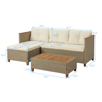 WiberWi Patio Furniture Set 3 Piece Outdoor Sectional Sofa Couch All Weather Rattan Wicker Conversation Set with Acacia Wood Coffee Table for Backyard Porch Garden Balcony, Waterproof, Beige - WoodArtSupply