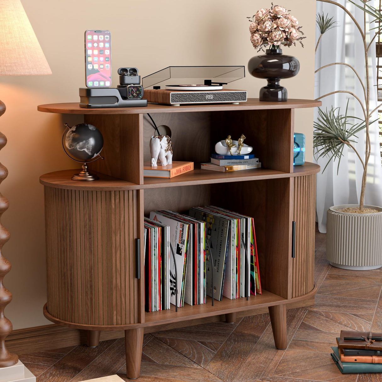LUVIOHOME Large Round Record Player Stand with Charging Station & USB Ports，Record Storage Cabinet, Mid Century Modern Turntable Stand for Bedroom Living Room (Small Brown) LUVIOHOME